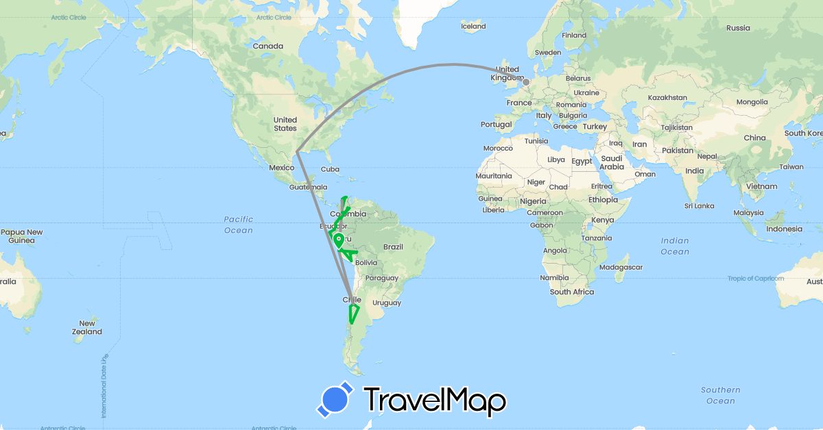 TravelMap itinerary: driving, bus, plane in Argentina, Chile, Colombia, Ecuador, Netherlands, Peru, United States (Europe, North America, South America)